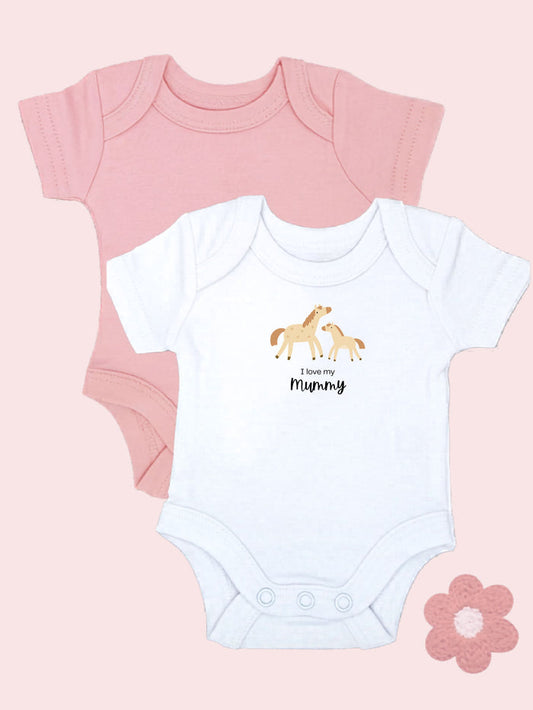 'I love Mummy' Horse Motif White Bodysuit & Plain Pink Bodysuit Set Bodysuit / Vest Little Dreamer
