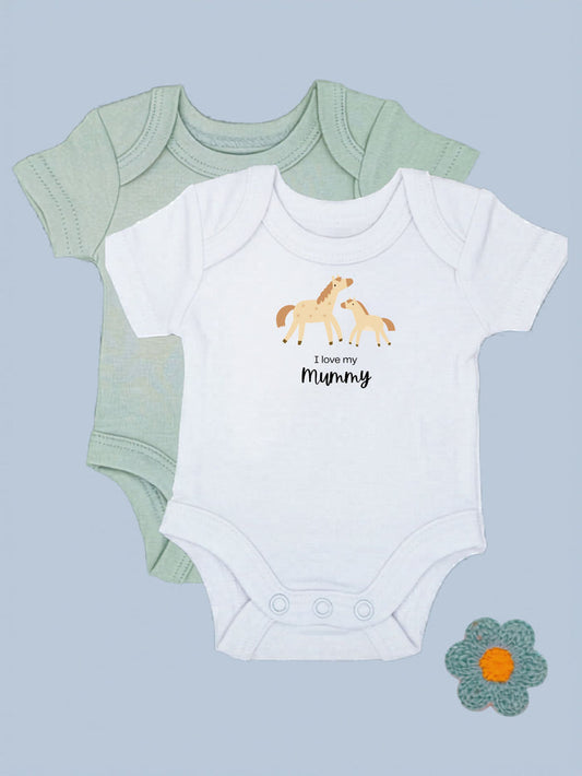 'I love Mummy' Horse Motif White Bodysuit & Plain Sage Bodysuit Set Bodysuit / Vest Little Dreamer
