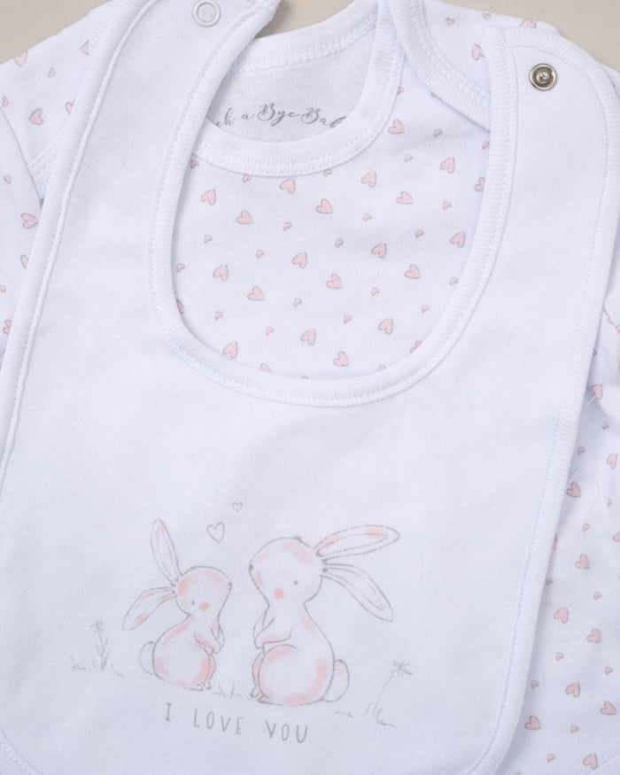 "I Love You" Rabbit design 5 Piece Layette Gift Set - 3 sizes. Set Rock a Bye Baby