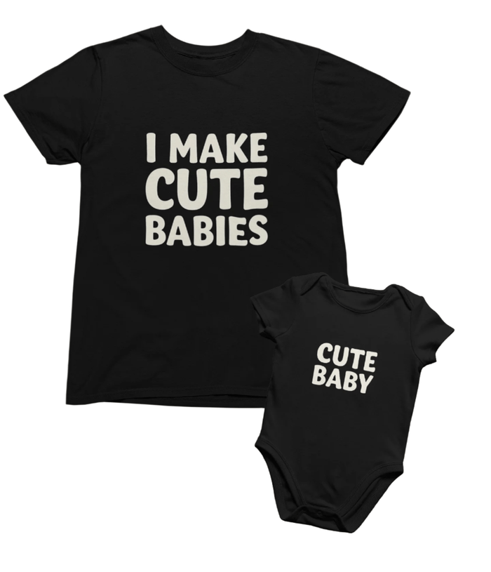 black dad t-shirt with i make cute babies bold text and white baby bodysuit with proof design, matching gift set