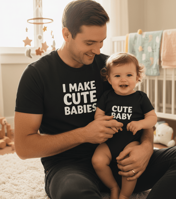 black dad t-shirt with i make cute babies slogan, alternative colour option for matching new dad gift set