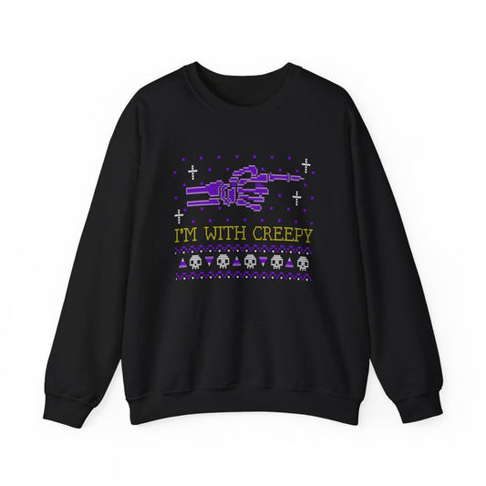 dark heather sweatshirt with i'm with creepy funny halloween design
