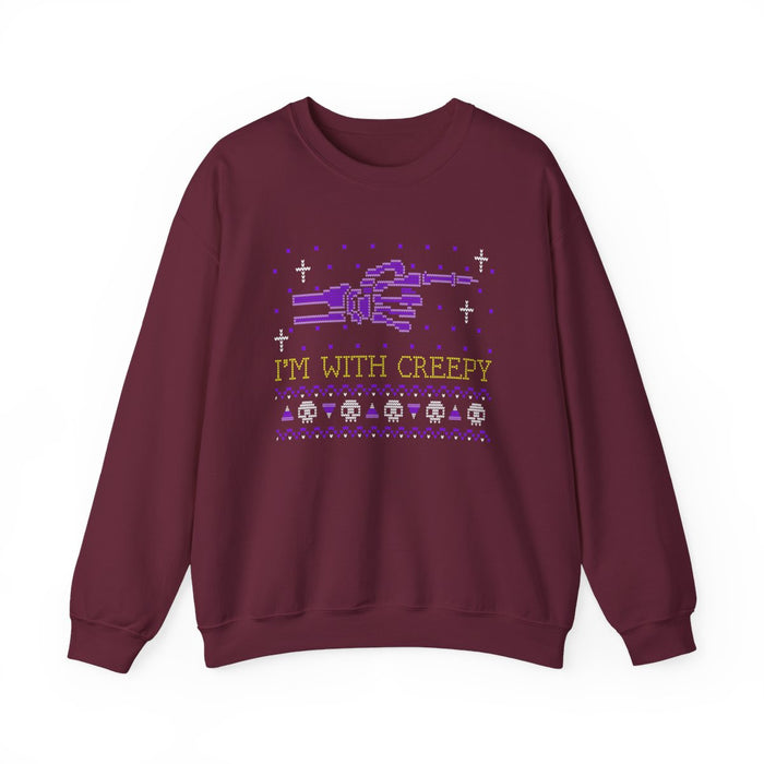 maroon sweatshirt with retro creepy halloween graphic
