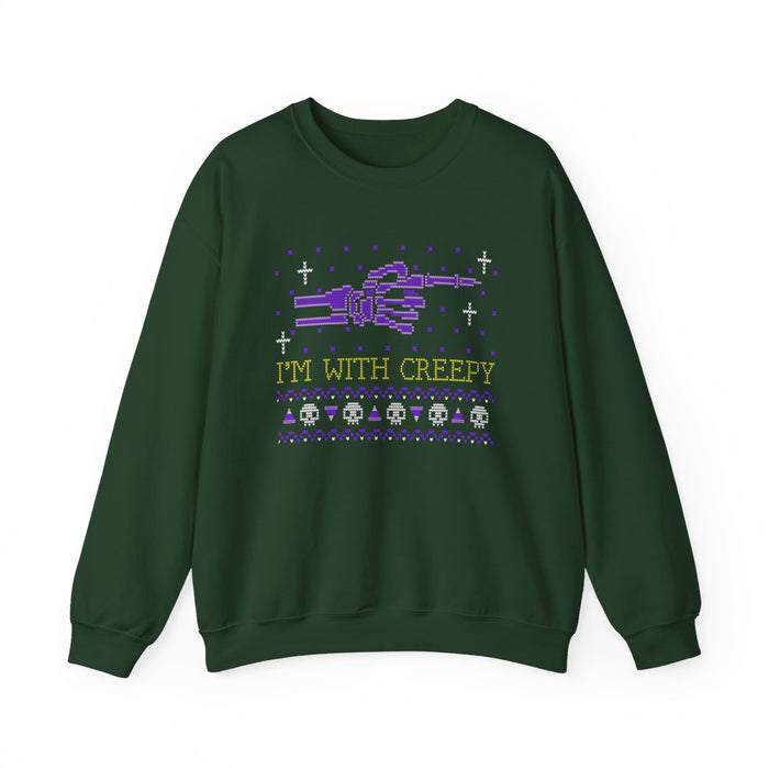 navy sweatshirt with i'm with creepy playful halloween print