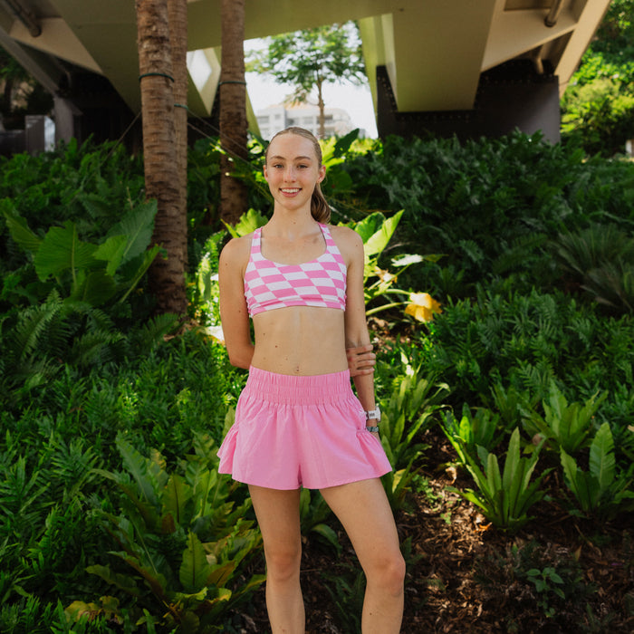 pink running shorts