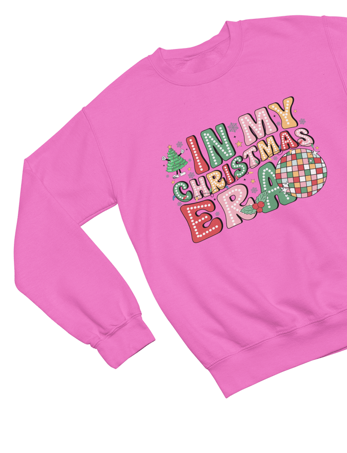 pink sweatshirt with in my christmas era disco ball festive design