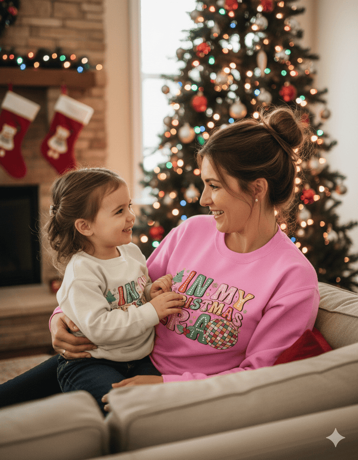 white sweatshirt featuring in my christmas era festive graphic