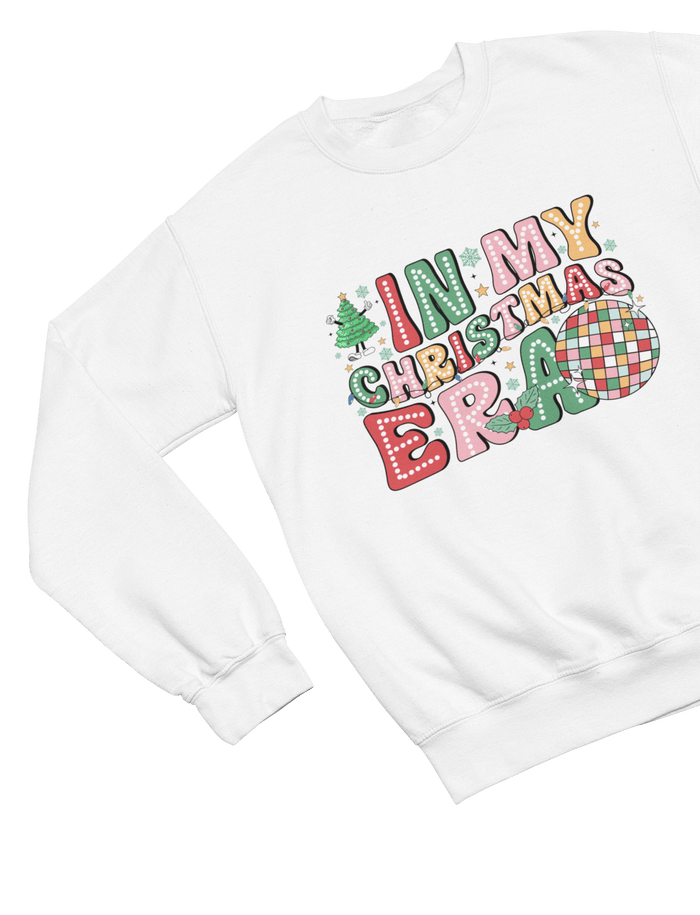 white sweatshirt with bold in my christmas era disco holiday print
