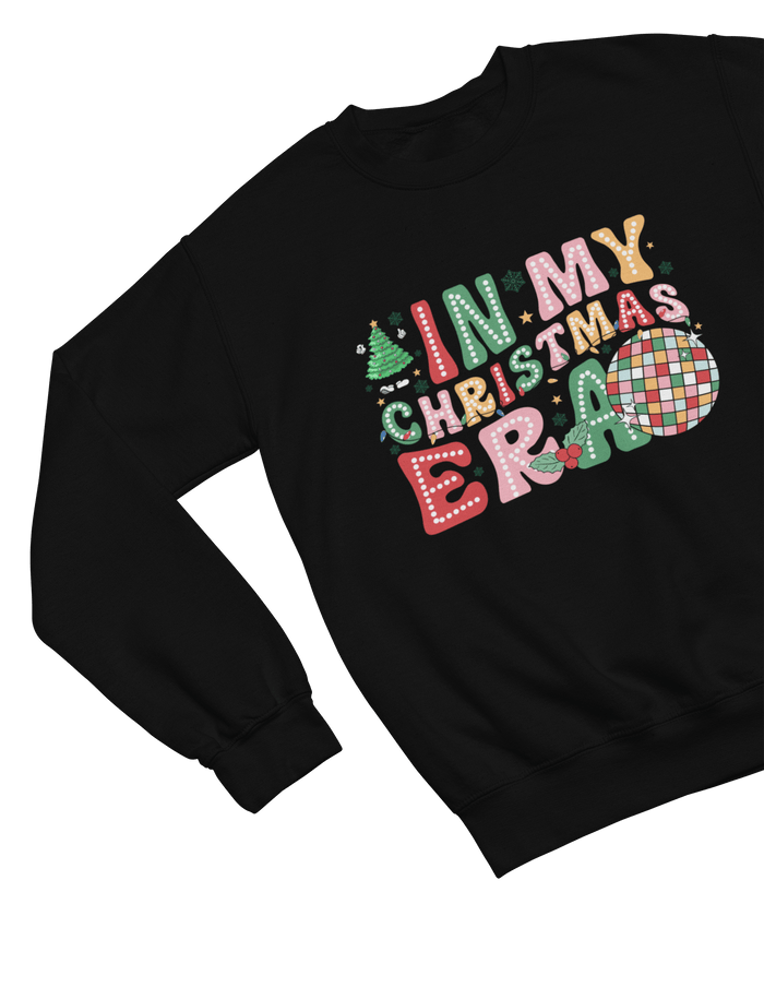 black sweatshirt with festive disco ball and christmas era design