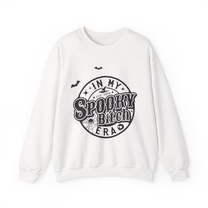 light pink sweatshirt with in my spooky bitch era retro graphic bats and stars design