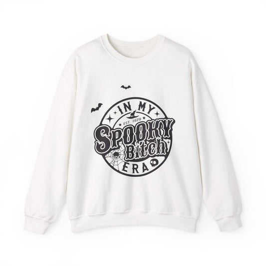 light pink sweatshirt with in my spooky bitch era retro graphic bats and stars design