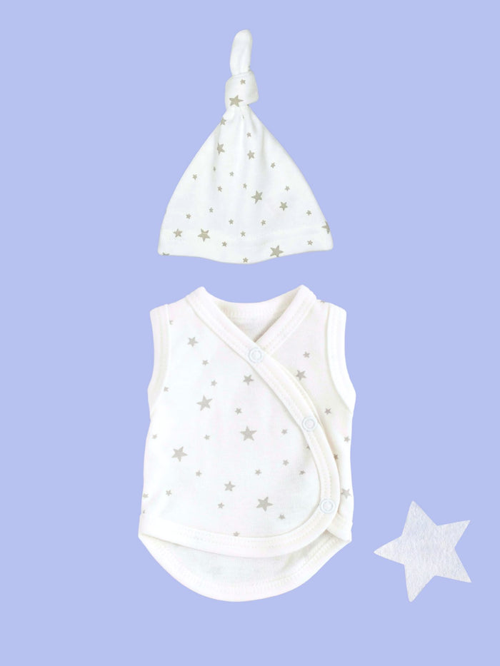 Incubator Vest & Knotted Hat Set Silver Stars, 100% Organic Cotton (1.5lb-3lb) Bodysuit / Vest Tiny & Small