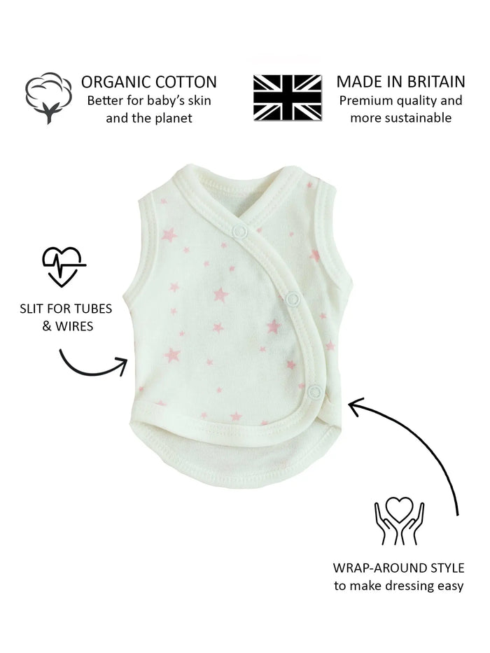 Incubator Vest, Pink Stars, Premium 100% Organic Cotton Bodysuit / Vest Tiny & Small