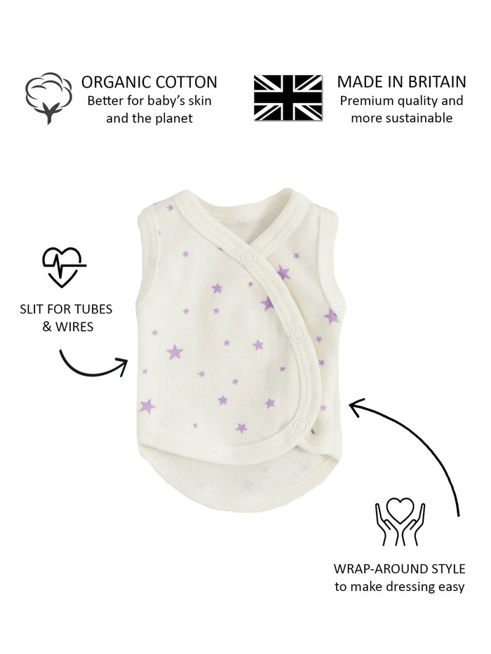 Incubator Vest, Purple Stars, Premium 100% Organic Cotton Bodysuit / Vest Tiny & Small