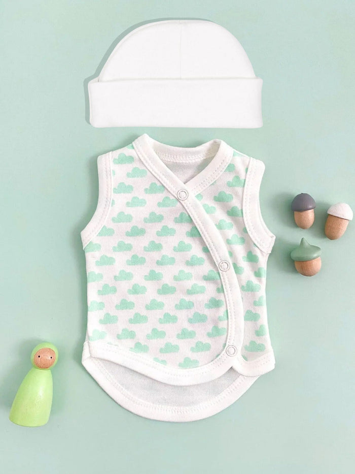 Incubator Vest & Round Hat Set Mint Cloud, 100% Organic Cotton (1.5-3lb) Bodysuit / Vest Tiny & Small