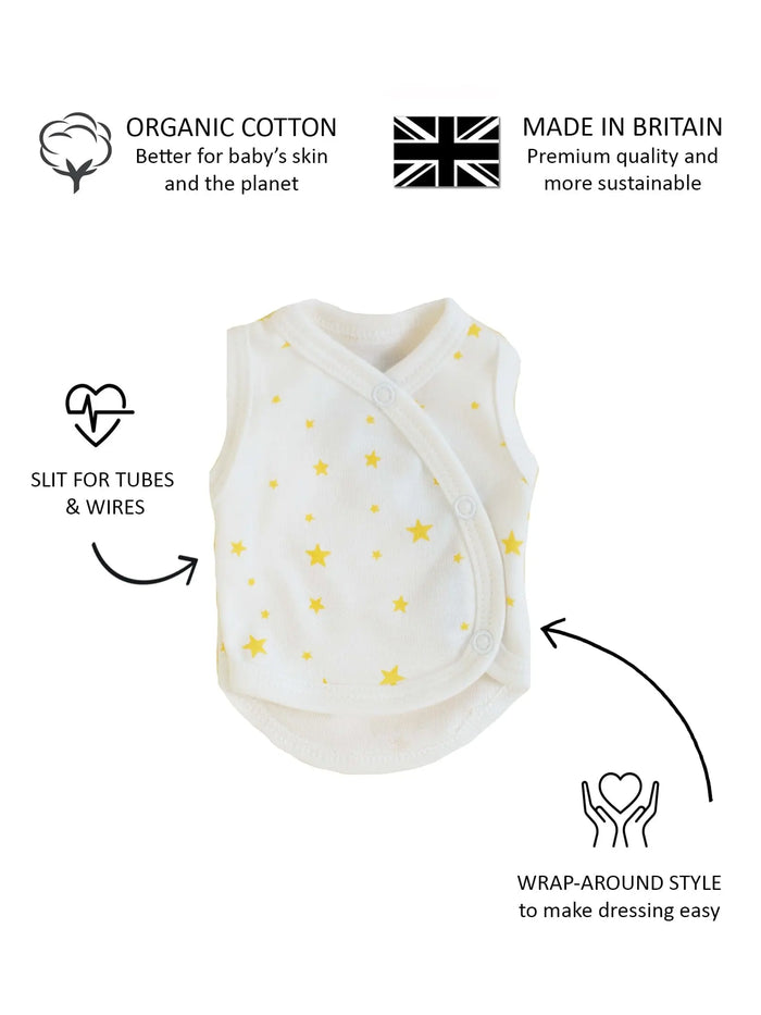 Incubator Vest, Yellow Stars, Premium 100% Organic Cotton Bodysuit / Vest Tiny & Small
