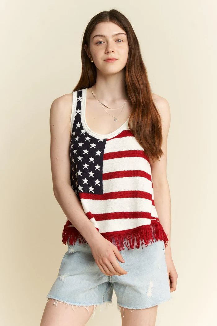 Jade By Jane Full Size American Flag Fringe Tank Top Plus Size