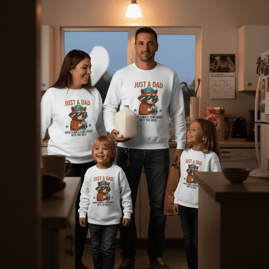sport grey sweatshirt with just a dad who came back with the milk raccoon design