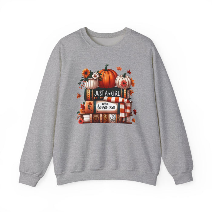 light pink sweatshirt with just a girl who loves fall design for autumn gift