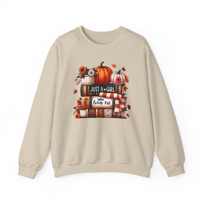white sweatshirt with just a girl who loves fall autumn lover print