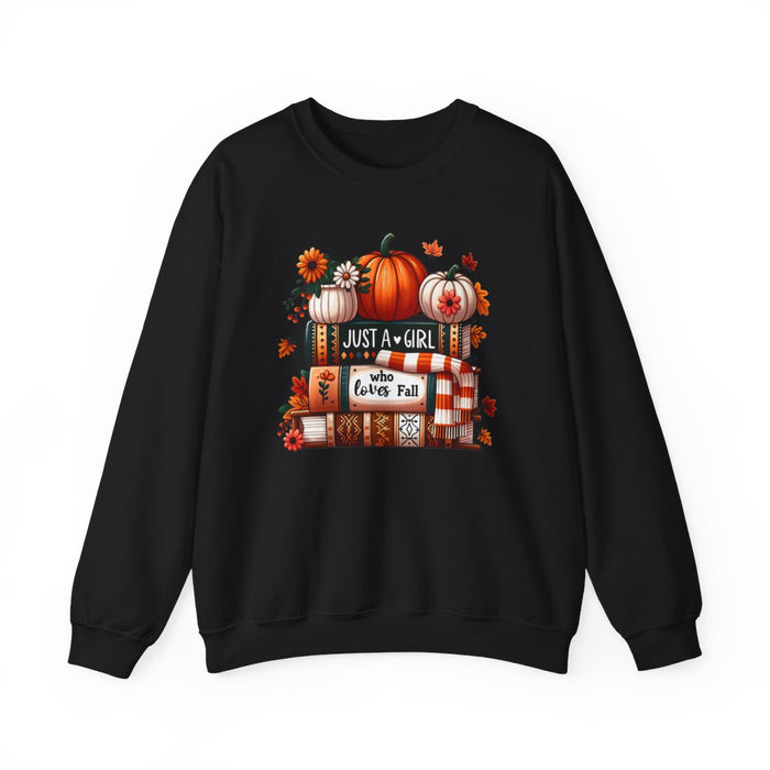 black sweatshirt with just a girl who loves fall bold design detail