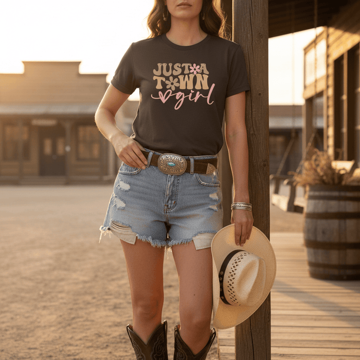 just a town girl t-shirt cowgirl gift idea product flat lay
