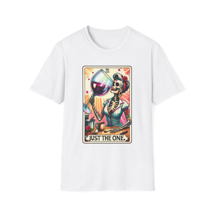 navy t-shirt with just the one wine tarot graphic for wine lovers