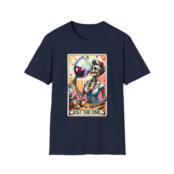 royal blue t-shirt with colourful just the one wine tarot artwork