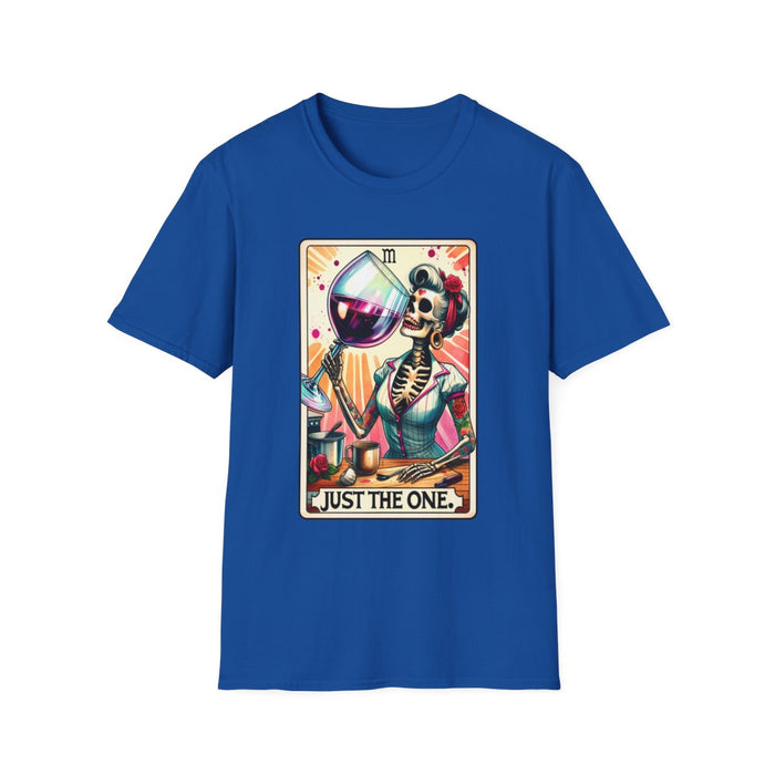 white t-shirt with vintage-inspired just the one wine tarot print