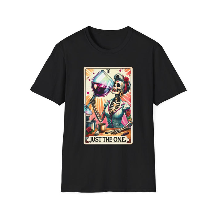 black t-shirt with just the one wine tarot graphic tee design