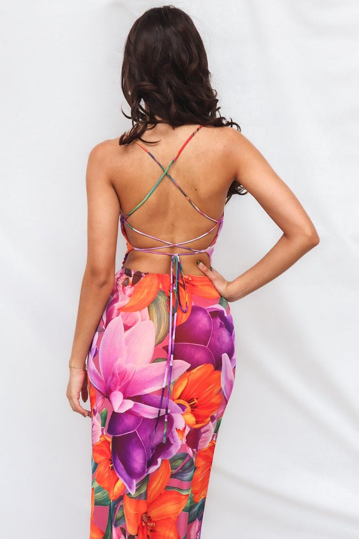Katrina Midi Dress - Purple/Orange Print - Runway Goddess