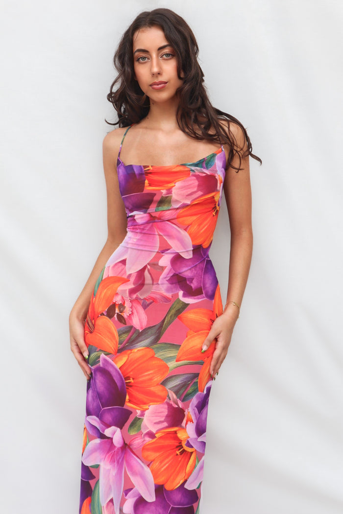 Katrina Midi Dress - Purple/Orange Print - Runway Goddess