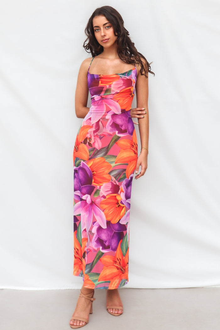 Katrina Midi Dress - Purple/Orange Print - Runway Goddess