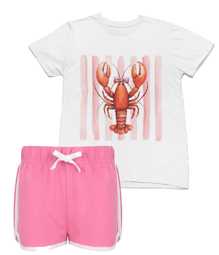 pink kids t-shirt and shorts set with cheerful lobster and bow design
