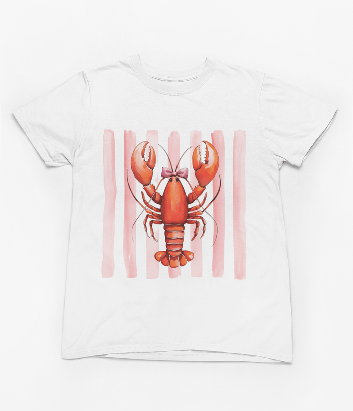kids lobster t-shirt with pink watercolor stripes and matching bright pink shorts