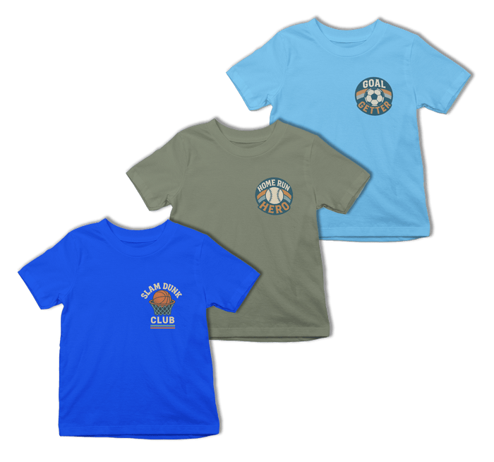 3-pack kids sports t-shirt set with slam dunk club, goal getter and home run hero designs