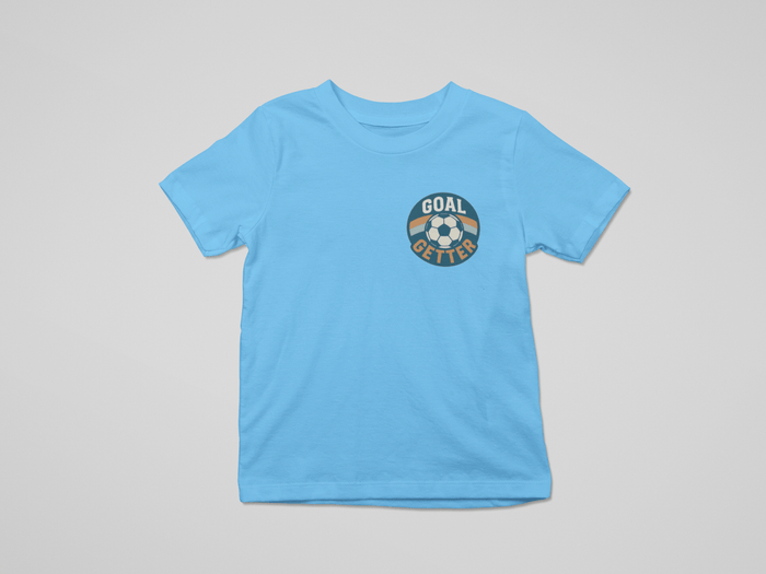 white kids t-shirt with goal getter baseball design