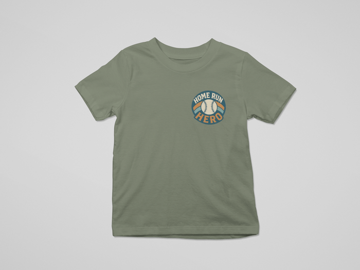 white kids t-shirt with home run hero baseball graphic