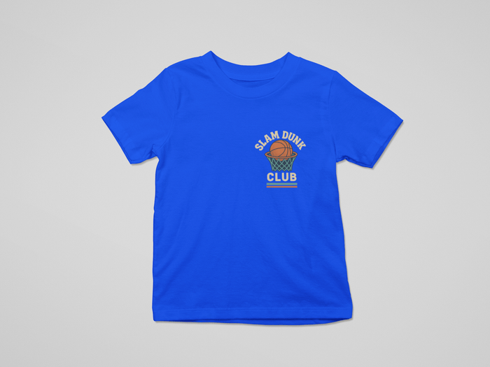 white kids t-shirt with slam dunk club basketball design