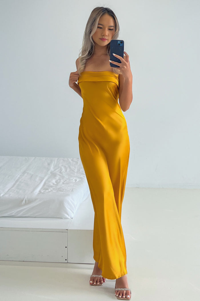 Kyra Satin Maxi Dress - Mustard - Runway Goddess