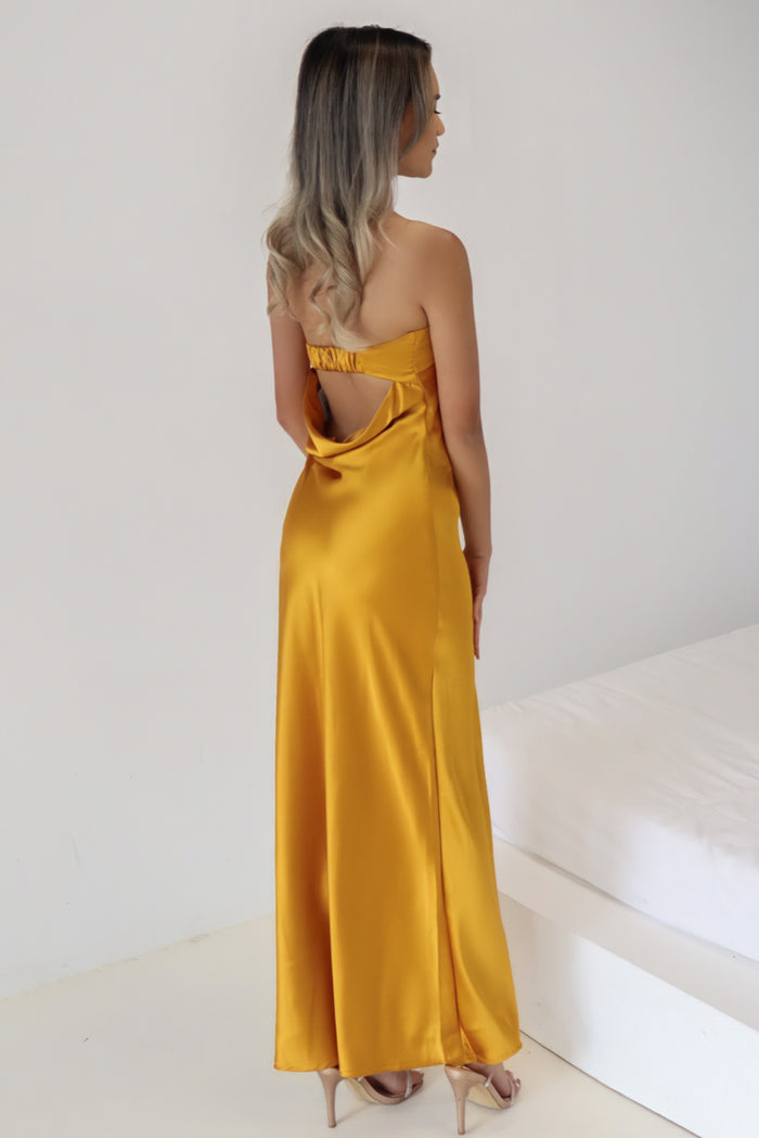 Kyra Satin Maxi Dress - Mustard - Runway Goddess