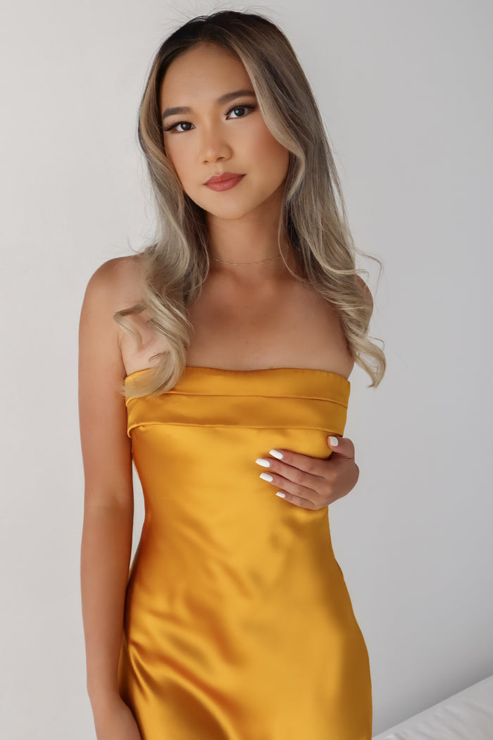 Kyra Satin Maxi Dress - Mustard - Runway Goddess