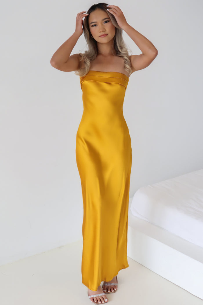 Kyra Satin Maxi Dress - Mustard - Runway Goddess
