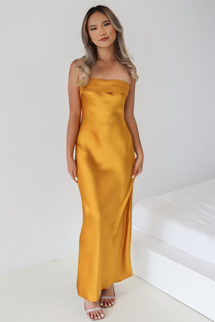 Kyra Satin Maxi Dress - Mustard - Runway Goddess