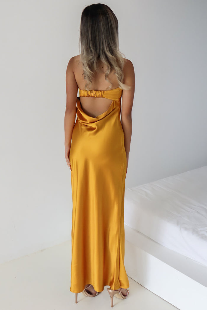 Kyra Satin Maxi Dress - Mustard - Runway Goddess