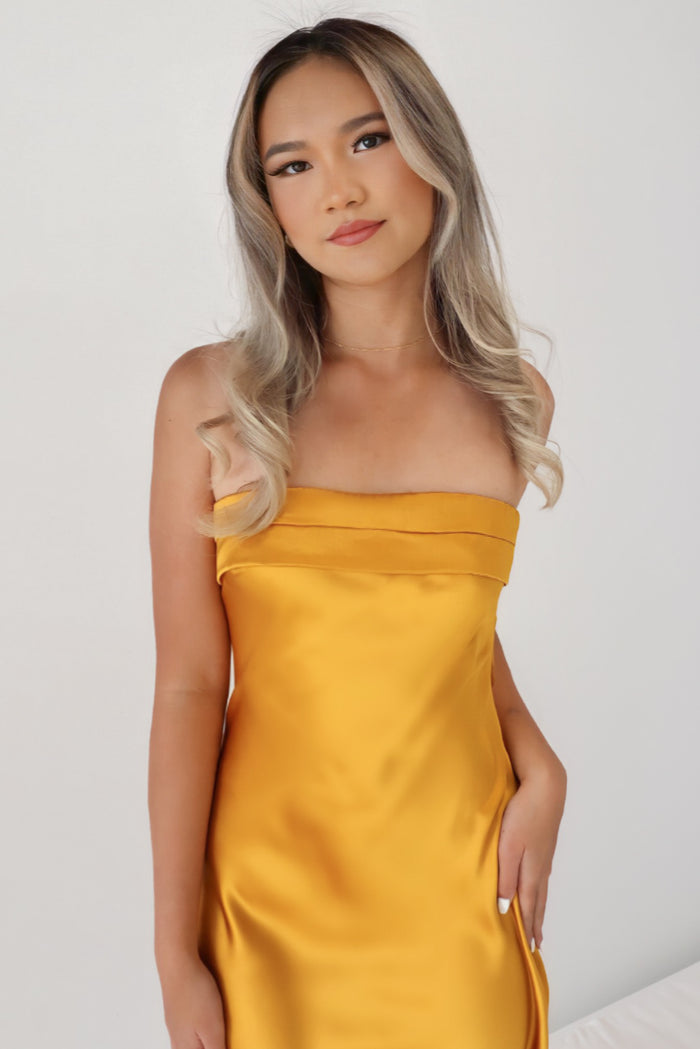 Kyra Satin Maxi Dress - Mustard - Runway Goddess