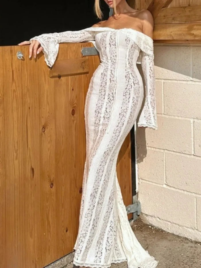 Lace Off-Shoulder Flounce Sleeve Maxi Dress