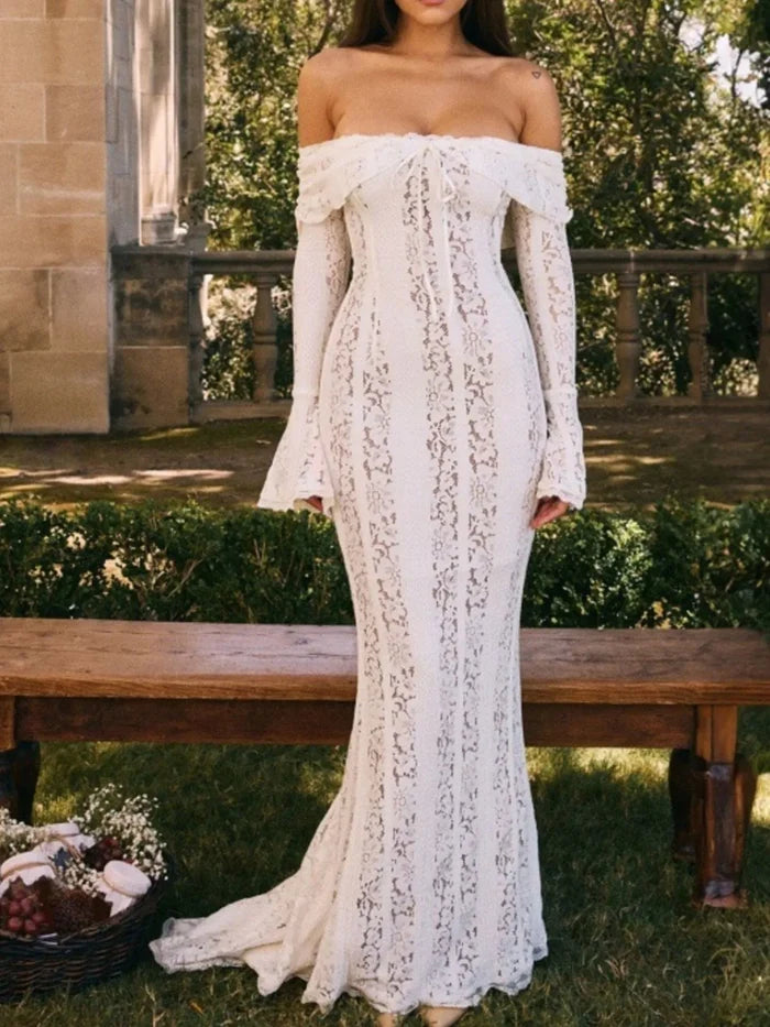 Lace Off-Shoulder Flounce Sleeve Maxi Dress