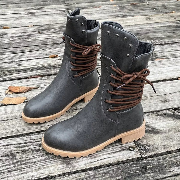 Lace Up Block Heels Boots