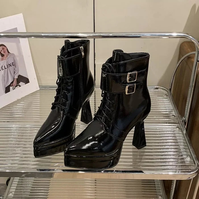 Lace Up Block Heels Boots